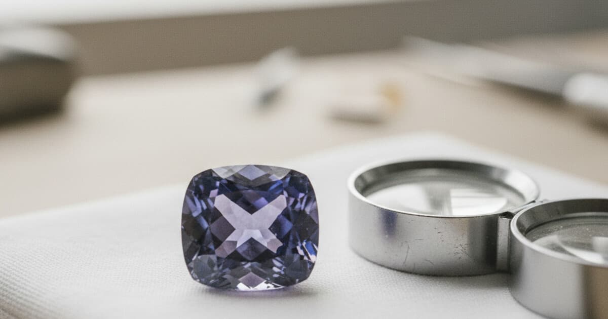 Close-up of a vivid blue-violet tanzanite gemstone on a white jeweler's cloth next to a 10x loupe, showing the stone's characteristic color depth