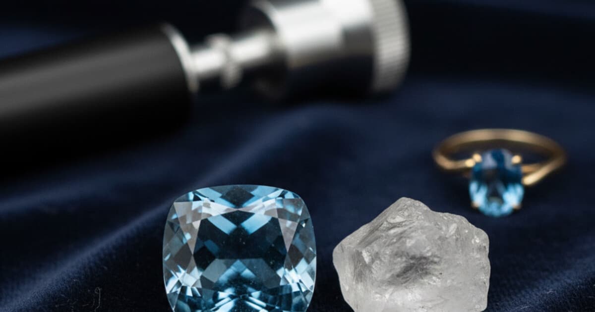 Faceted blue topaz gemstone and colorless topaz crystal on dark velvet with jeweler's loupe