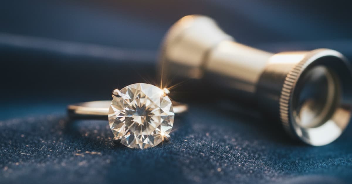 Close-up of a round brilliant diamond ring on dark velvet with a jeweler's loupe