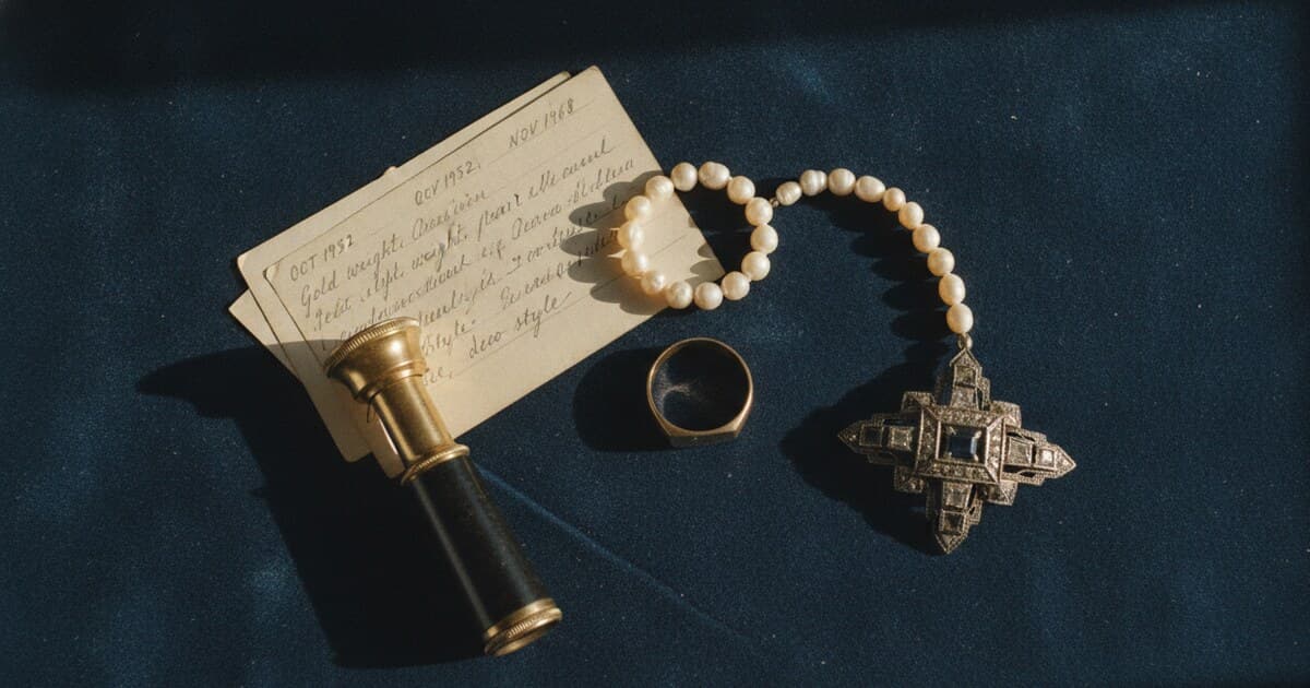 Assorted inherited jewelry pieces on dark velvet alongside a jeweler's loupe and handwritten appraisal notes