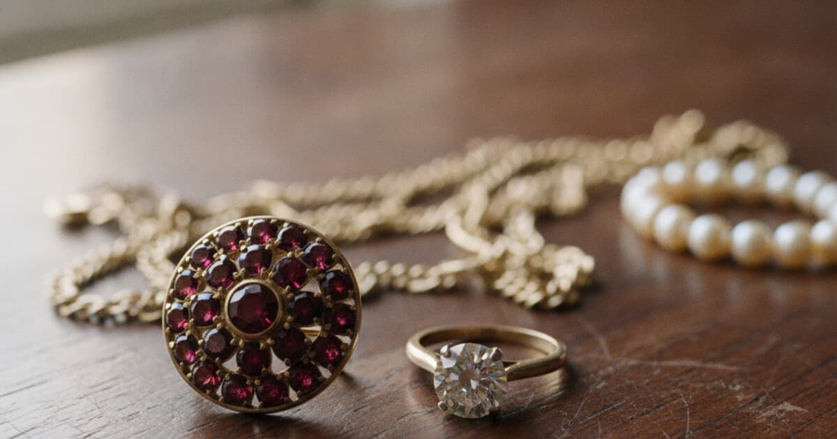 Collection of inherited jewelry including pearl strand, gold brooch, diamond ring, and gold chains arranged on aged mahogany wood with warm window light