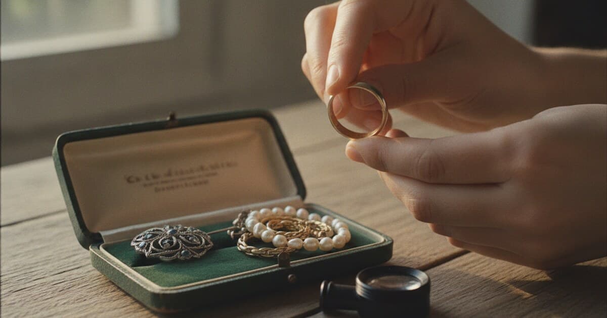Hands examining a gold ring over an open jewelry box, checking hallmarks with a loupe