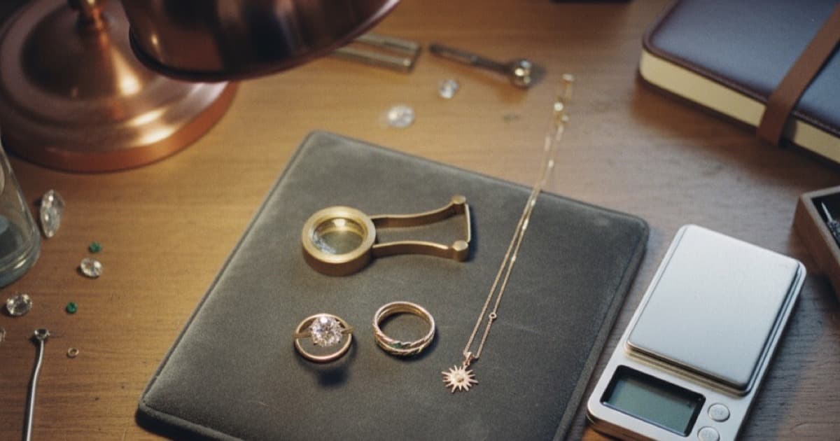 Jeweler's workbench with magnifying loupe, rings on velvet pad, and digital scale