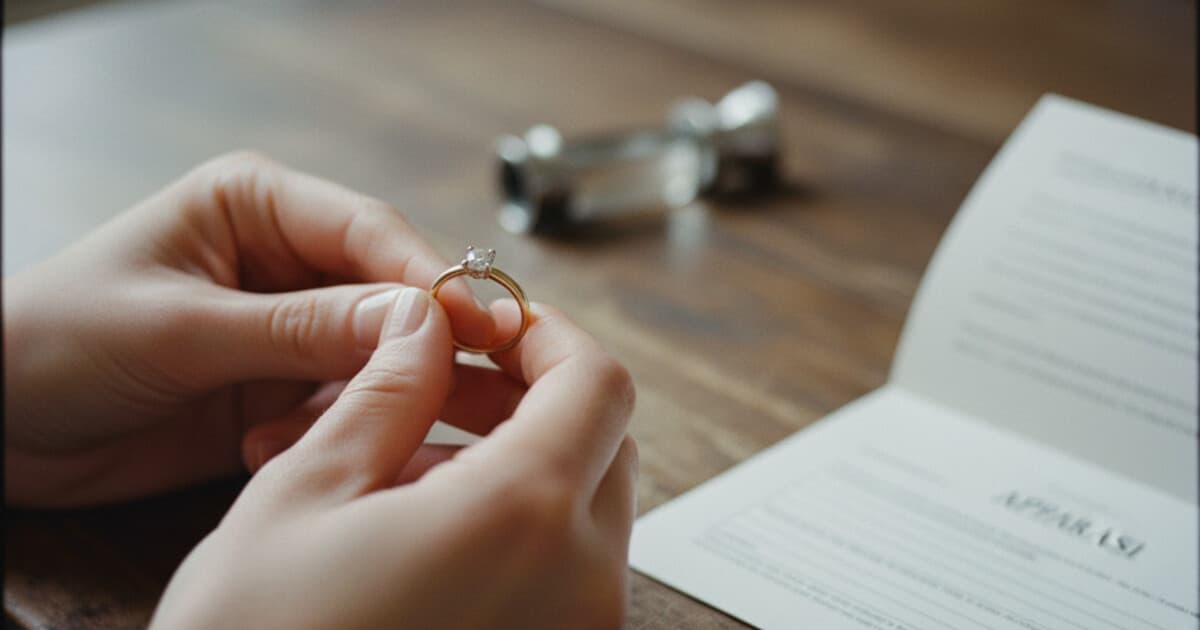 Hands holding a gold ring over a wooden desk next to a folded appraisal document, soft natural window light