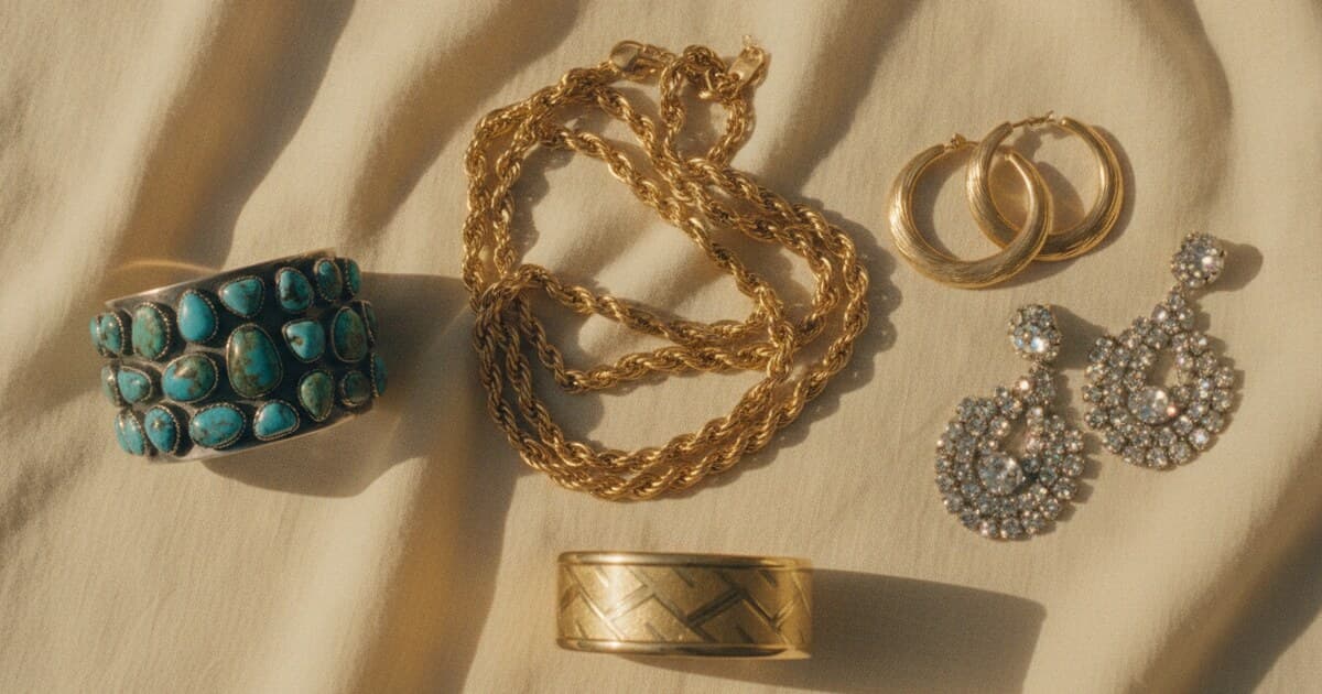 Collection of 1970s jewelry including chunky yellow gold chains, turquoise-set sterling cuff, oversized hoop earrings, and wide geometric bangles on a warm linen background