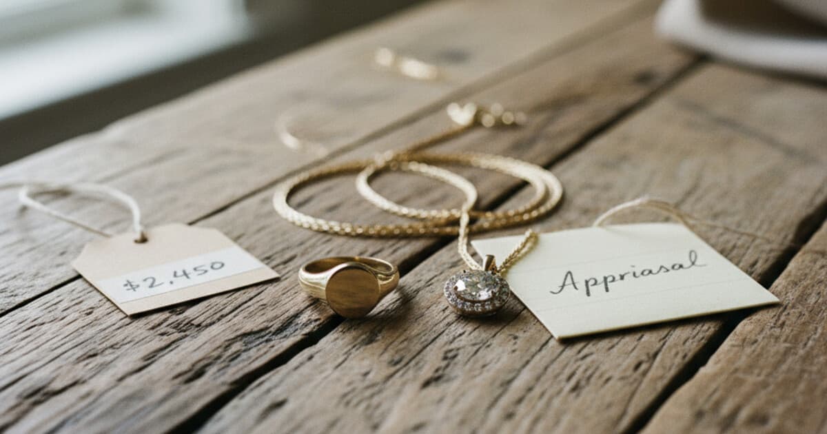 Assorted fine jewelry pieces with a price tag and appraisal note on a wooden surface
