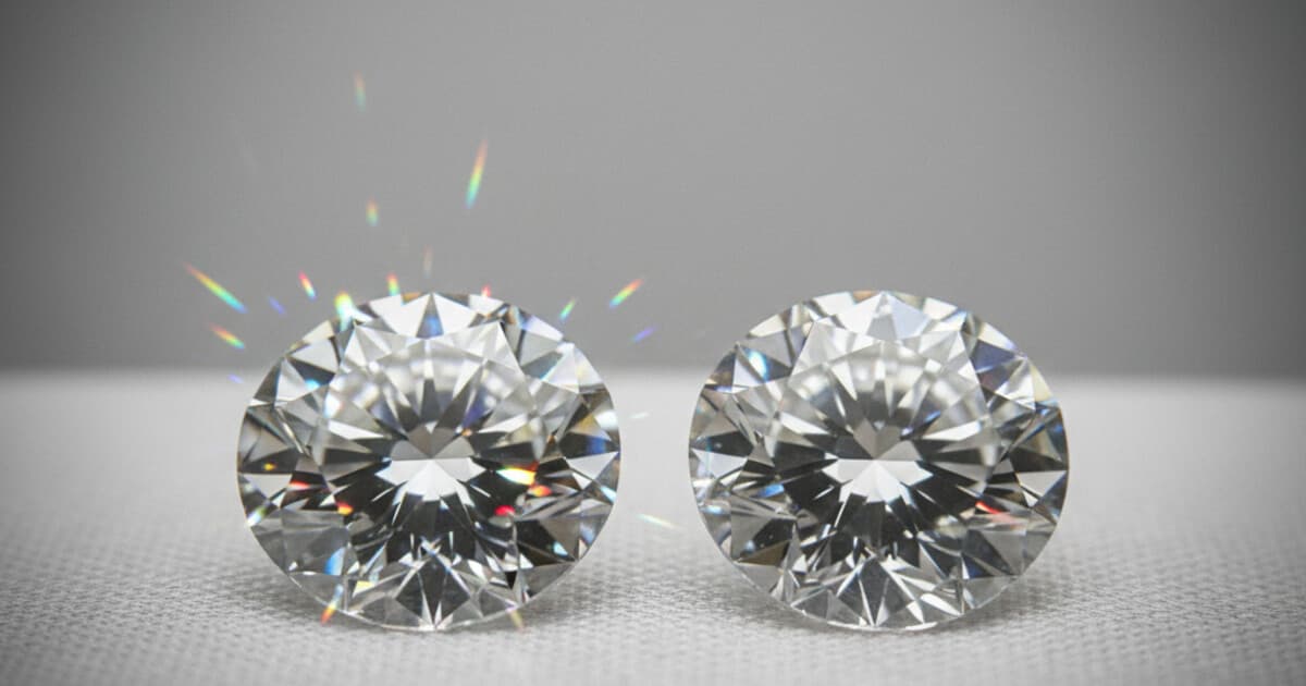 Two brilliant cut gemstones side by side showing the difference in fire and sparkle between moissanite and diamond