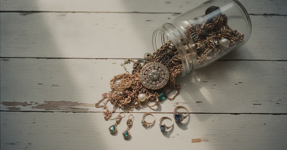 Glass mason jar spilling out an assortment of vintage jewelry pieces on a white wooden surface