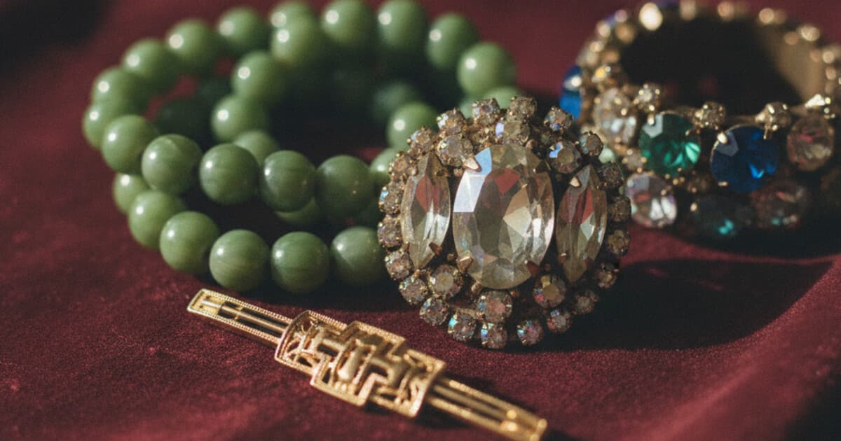 Overhead close-up of vintage costume jewelry pieces on burgundy velvet, including a rhinestone brooch, Bakelite beads, and an Art Deco bar pin