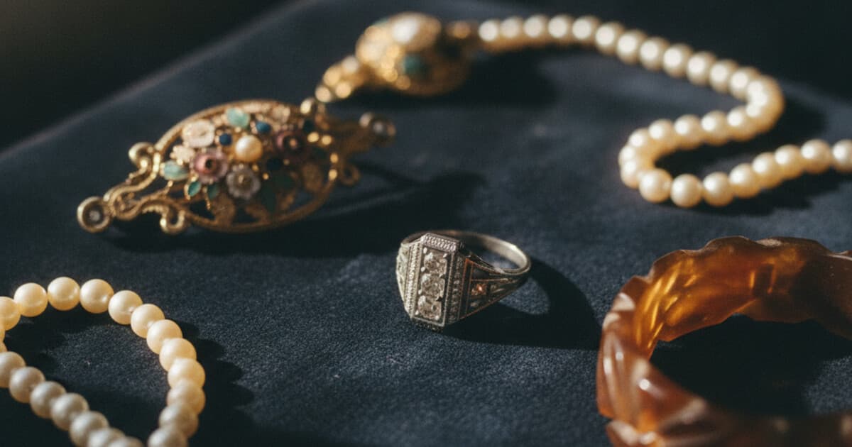 Collection of vintage old jewelry including a gold brooch, Art Deco ring, and pearl strand arranged on aged velvet
