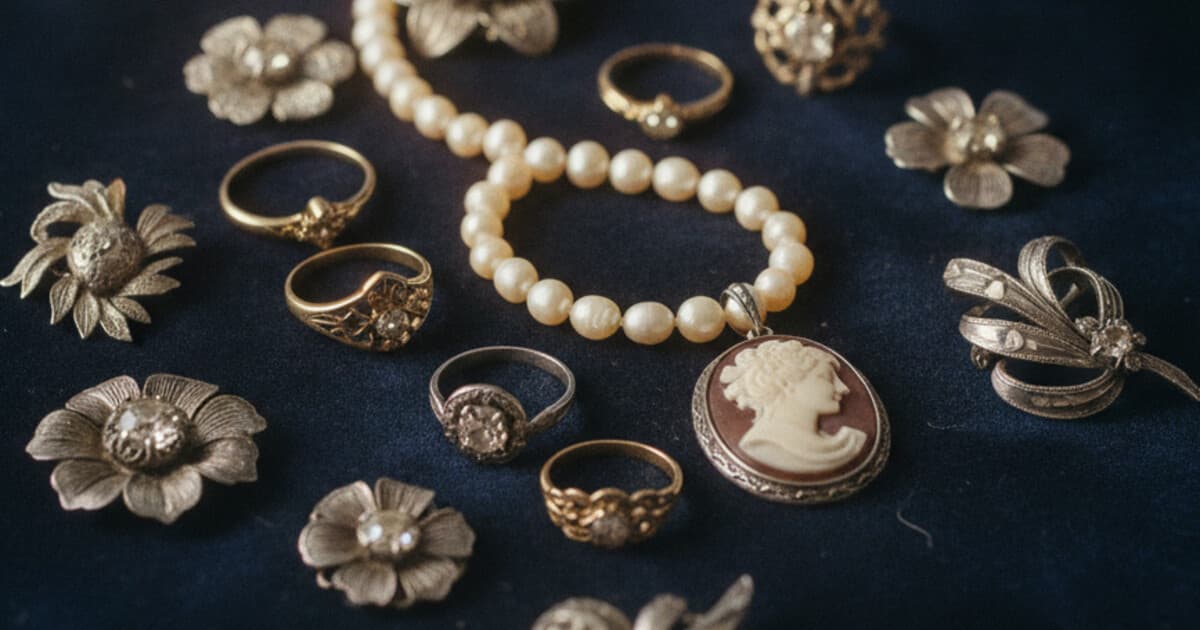 Collection of old jewelry pieces including gold rings, a brooch, and a pearl necklace spread on dark velvet