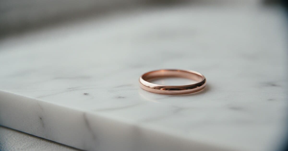 Delicate pink gold ring band resting on white marble with warm blush metallic sheen