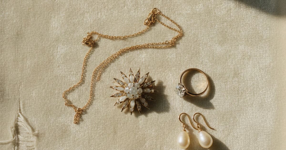 Overhead flat-lay of inherited antique jewelry pieces on aged cream velvet: gold chain necklace, vintage brooch, diamond solitaire ring, and pearl drop earrings with warm natural window light