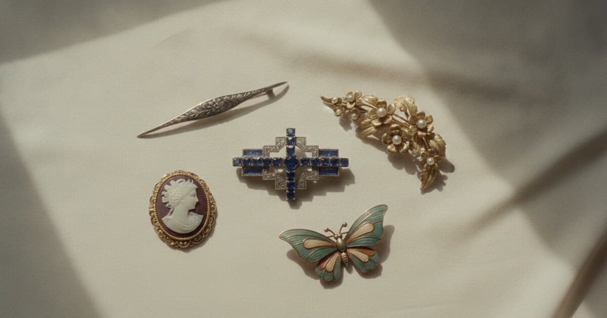Assortment of vintage brooches including Art Deco, Victorian floral, and mid-century figural pieces arranged on aged cream silk