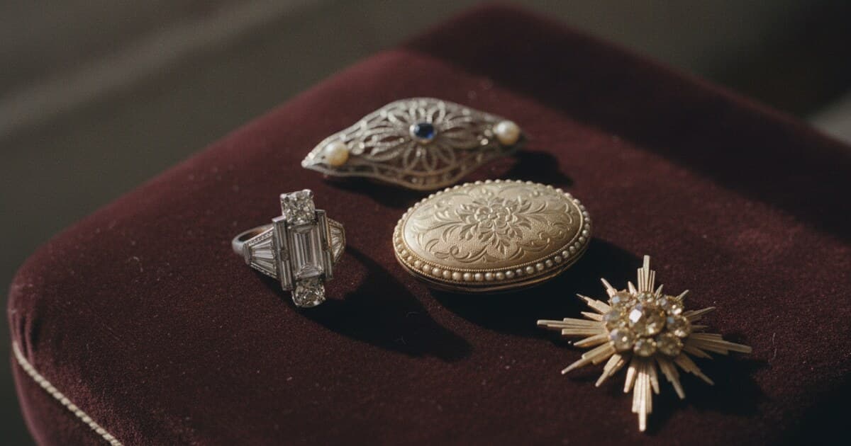 Assortment of vintage jewellery pieces from different eras including a Victorian locket, Art Deco ring, and Edwardian brooch on aged velvet